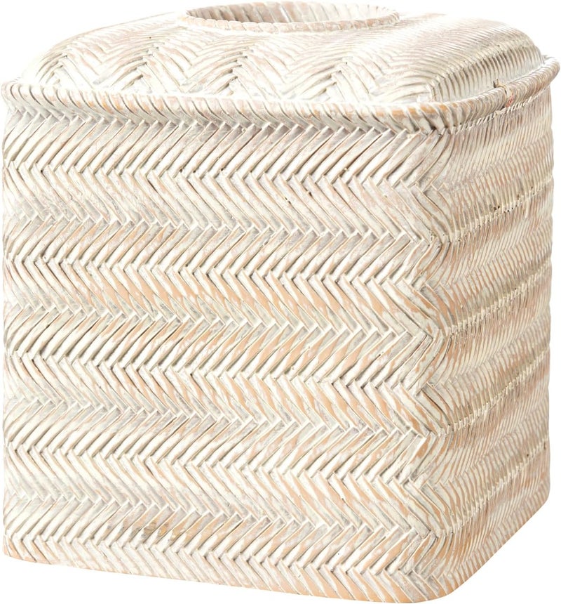 Polytree Tissue Box Cover Square Resin Tissue Holder for Home Decor,Hand Carved Wicker Tissue Box Holder,5.3 x 5.3 x 5.9 inches, Farmhouse White - Image 1